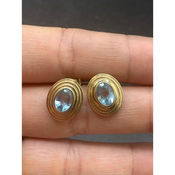 Vintage Blue Topaz Earrings 14k Gold Triple Oval Shaped Studs Statement Earrings - Picture 3 of 7